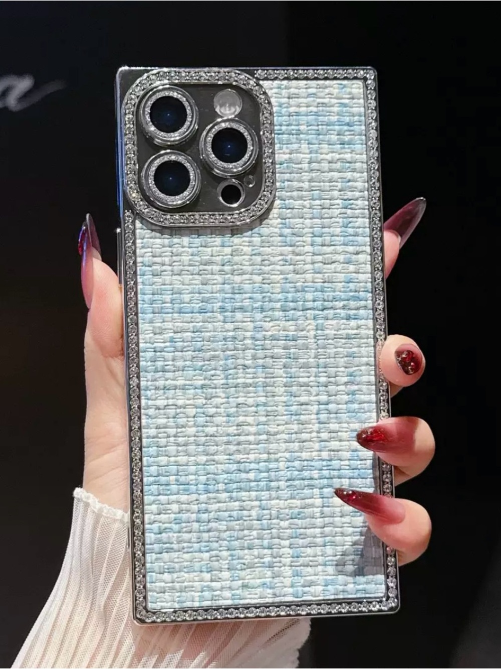 Luxury Blue Tweed Rhinestone Square Case for iPhone 16